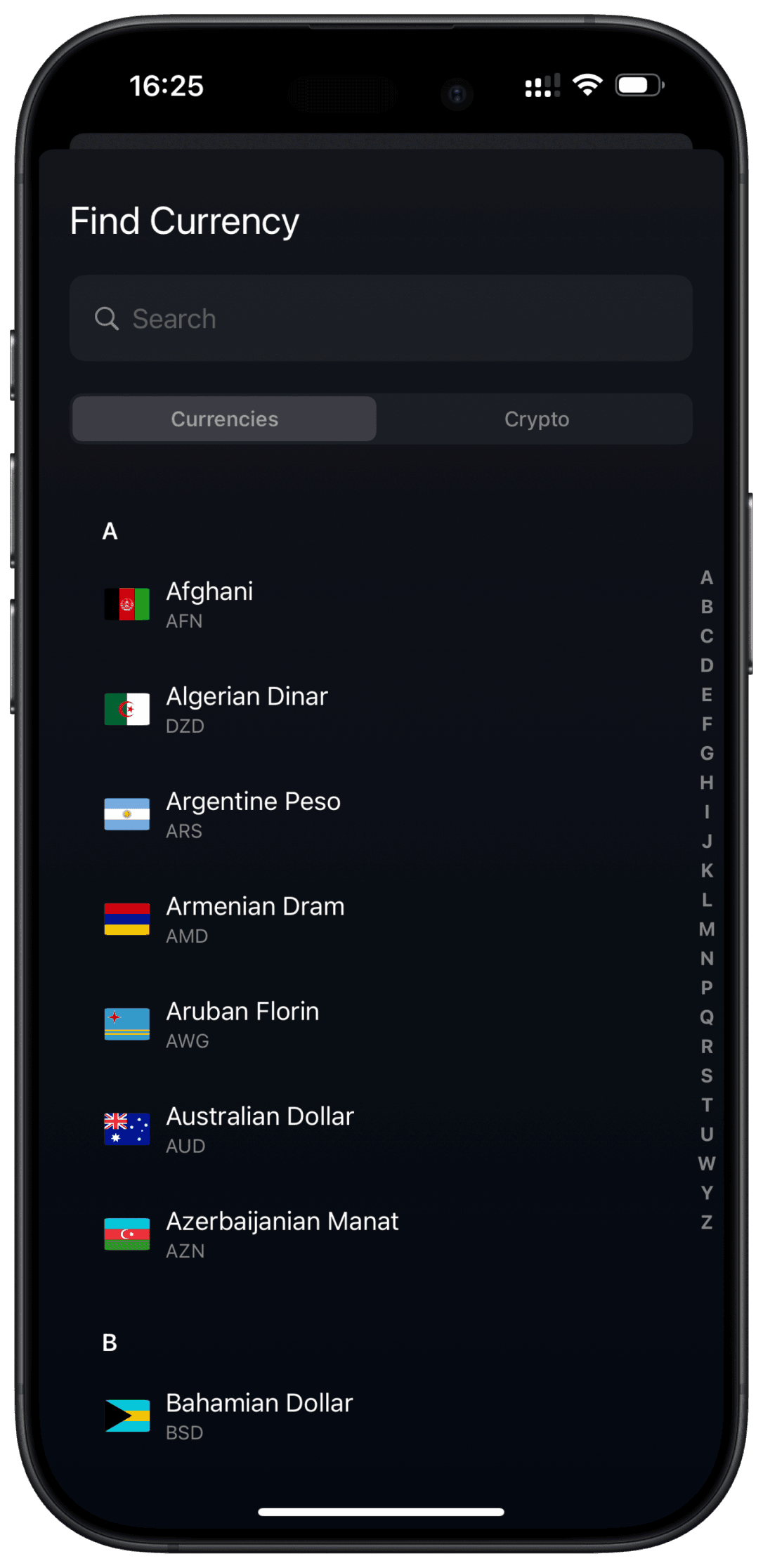Currency selection