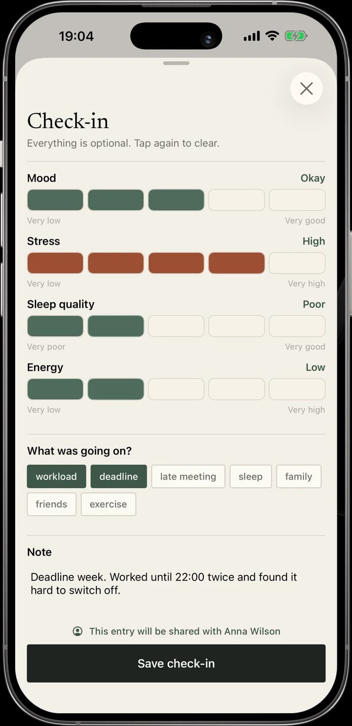 Quick check-in: Four scales with words instead of numbers, context tags and a note; the sharing scope is visible before saving.