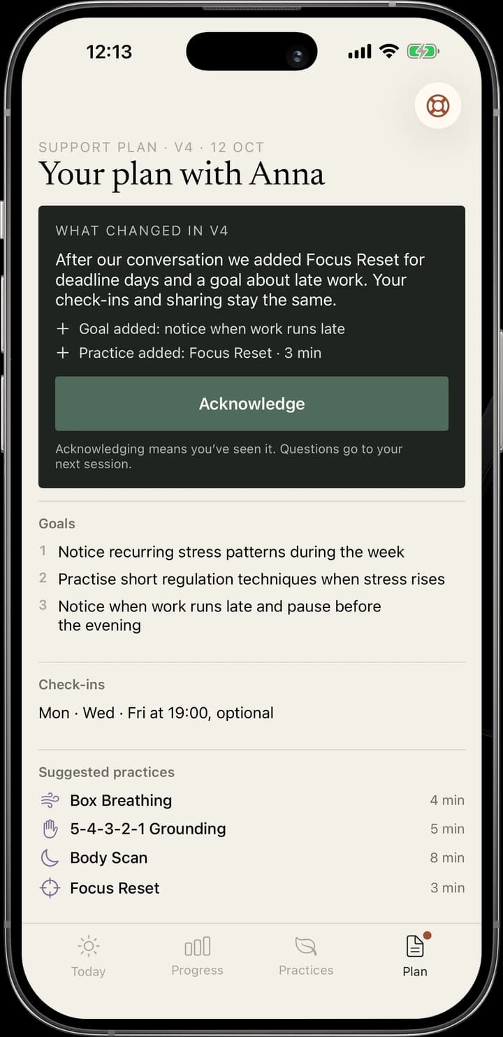 Support plan: What changed in the new version, goals, practices, who sees what and the sharing controls.